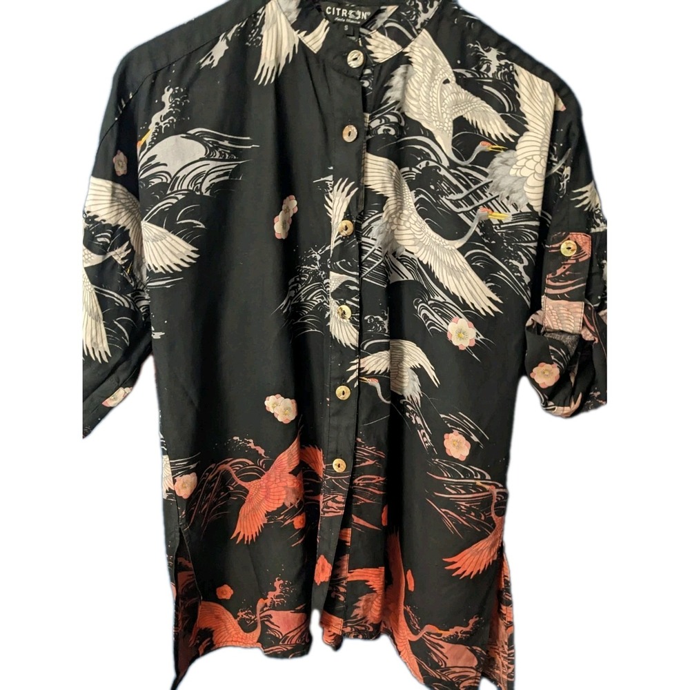 Artsy Santa Monica‎ Silk Linen Roomy Tunic Black W/ Coral & White Cranes Size S